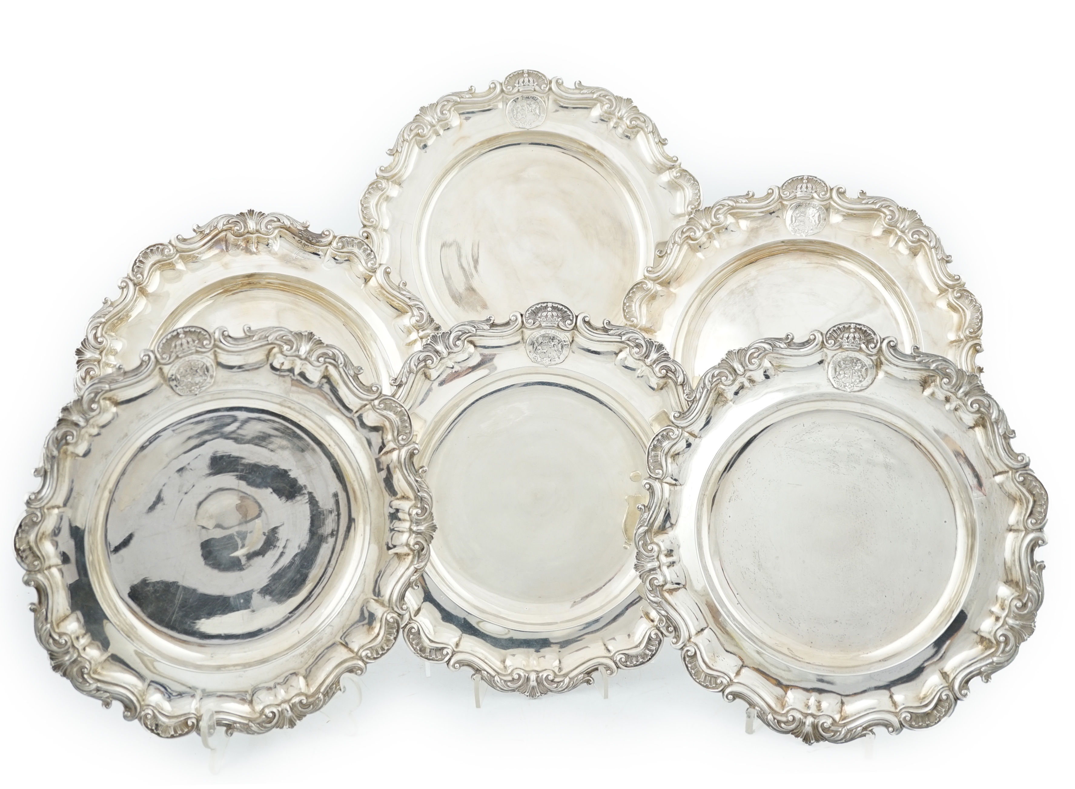 Duke of Brunswick Service: A set of six early Victorian silver dinner plates by John Mortimer & John Samuel Hunt